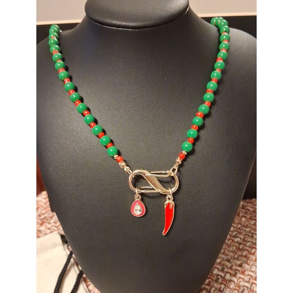 MAYAMAR Chili And Teardrop Green And Red Charm Necklace New With MAYAMAR Pouch